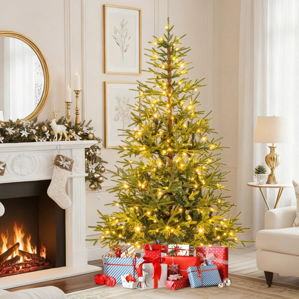 Albero di 180 cm natale artificiale pre-illuminato con luci led calde e multicolori, Albero base metallica pieghevole