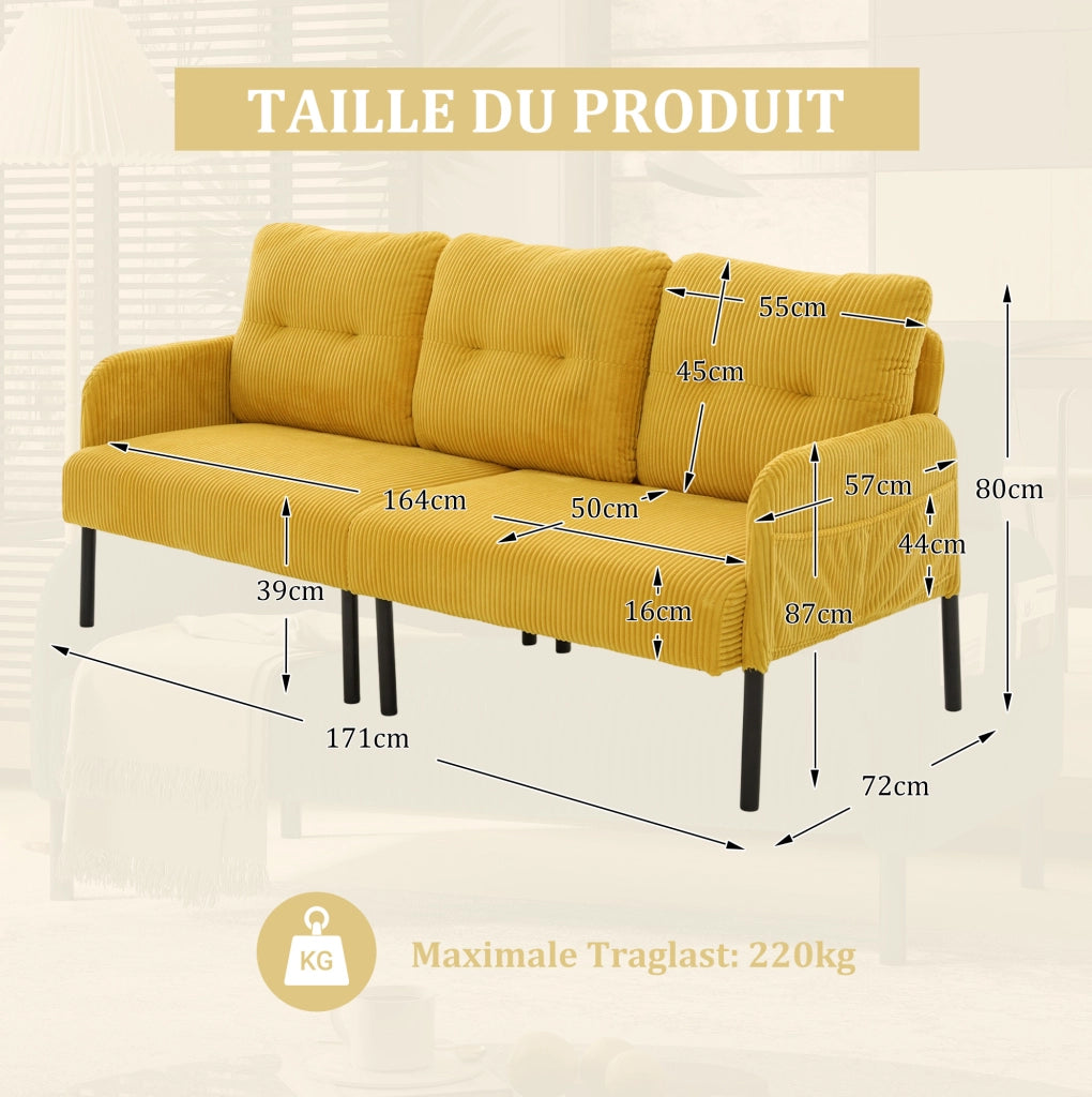 Divano 3 posti in velluto a coste giallo 171x72x80 cm con tasca laterale e struttura in metallo