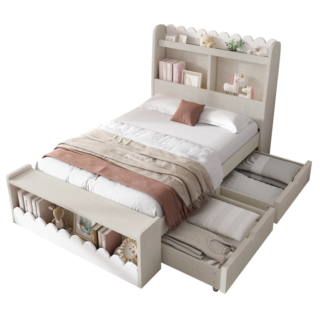 Letto singolo 90x200 cm con cassetti e ripiani; legno massello e MDF bianco e rovere