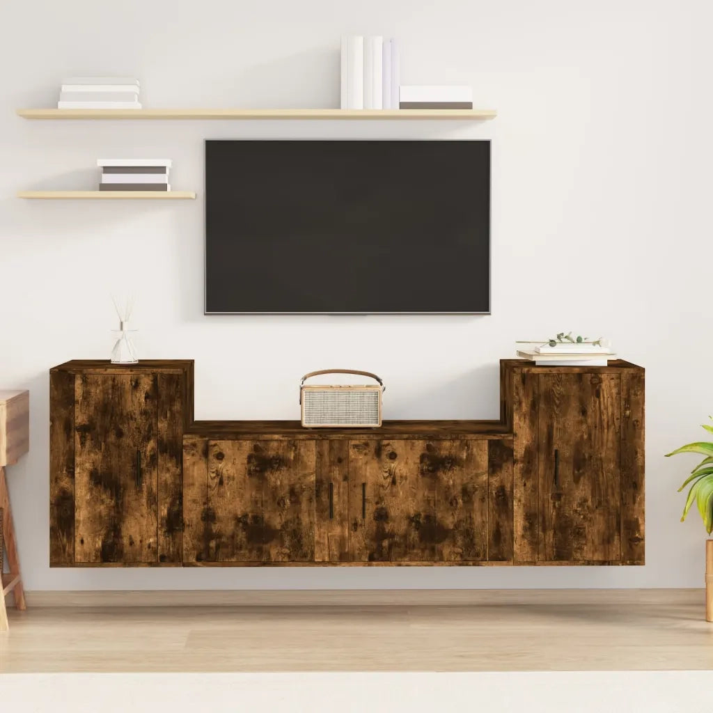 Set Mobili Porta TV 3 pz Rovere Fumo in Legno Multistrato 3188515
