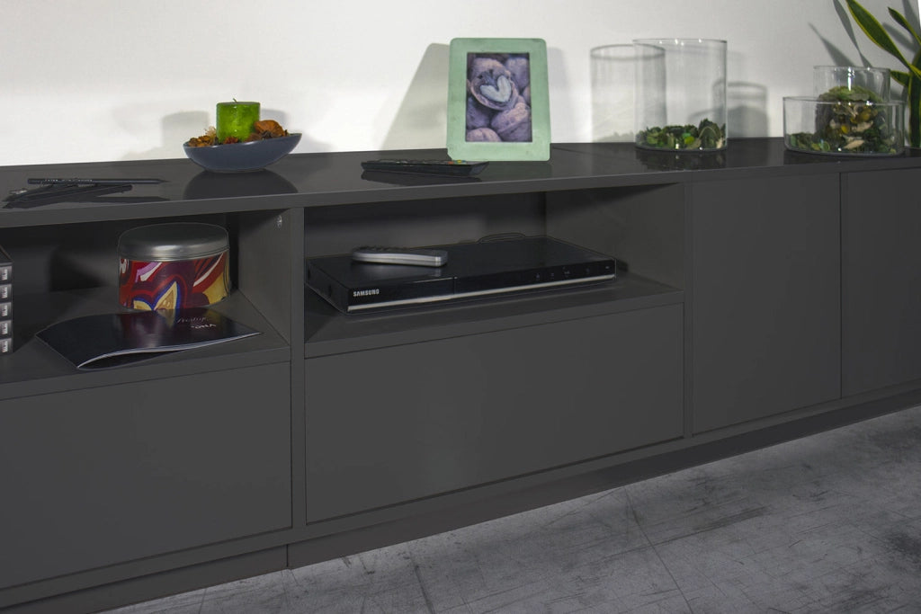 Mobile TV 4 Ante 2 Cassetti 260x41,4x46 cm Bloom Grigio Antracite Laccato Lucido