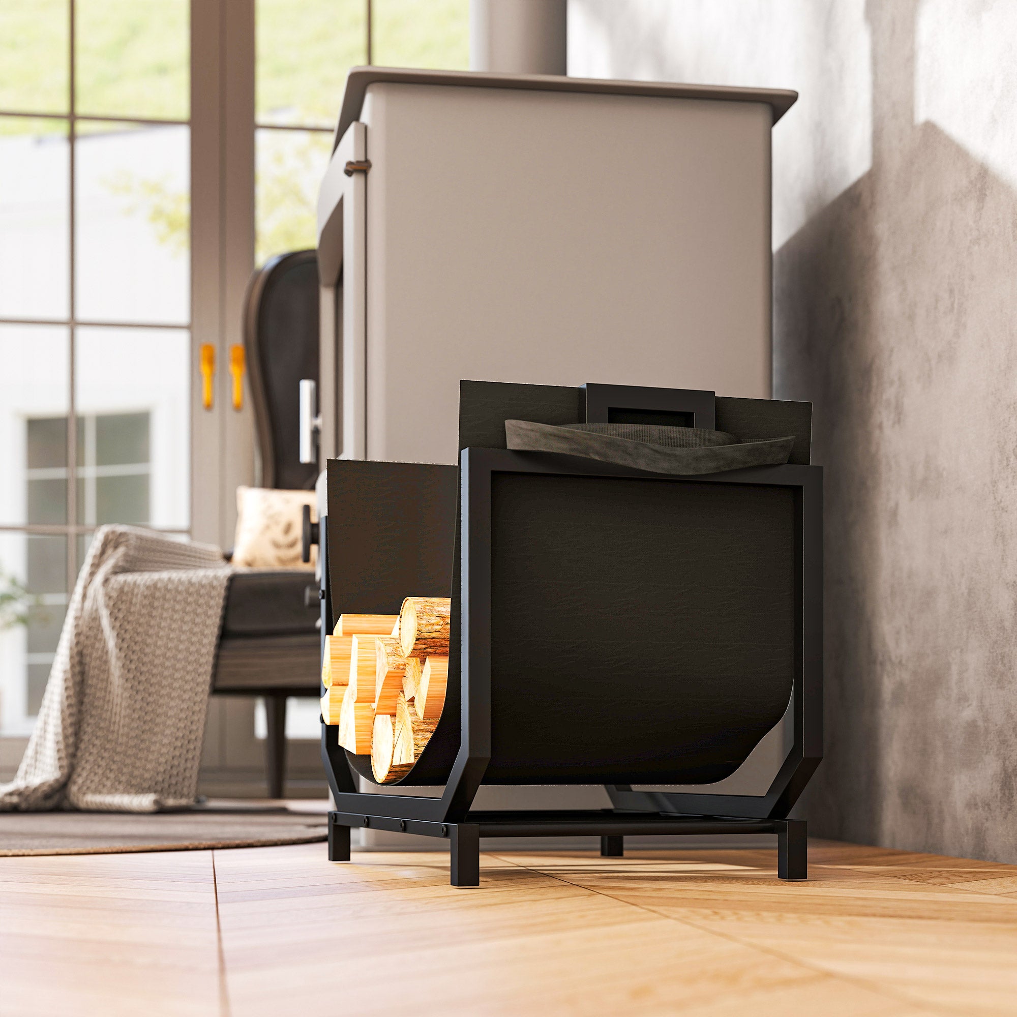 Porta Legna da Interno Esterno in Metallo con Borsa Oxford 53x33x43 cm Nero