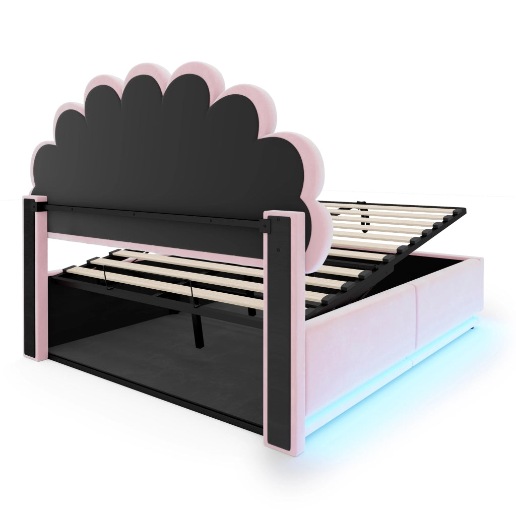 Letto Contenitore Matrimoniale 140x200 cm; LED; Struttura in Metallo; Velluto Rosa