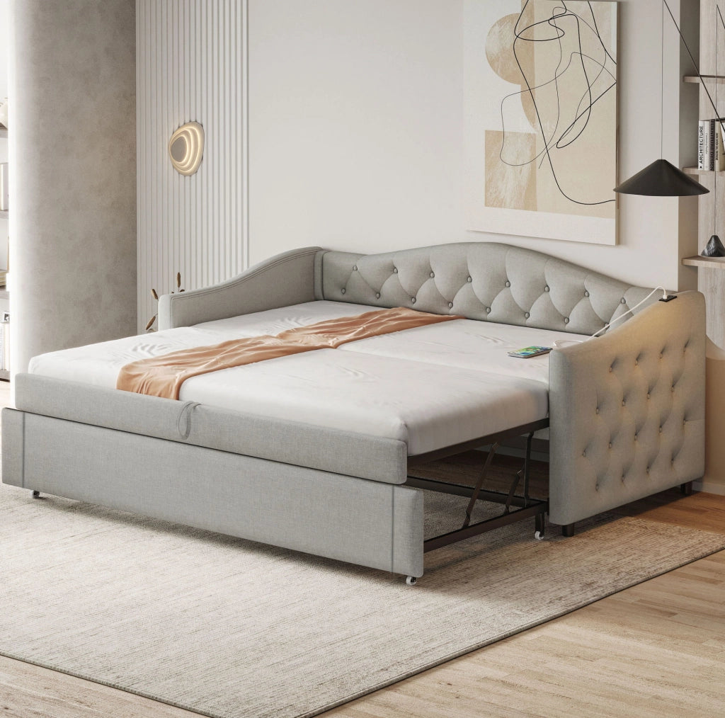 Divano letto estraibile imbottito 90x200 cm con USB; rete a doghe; lino grigio