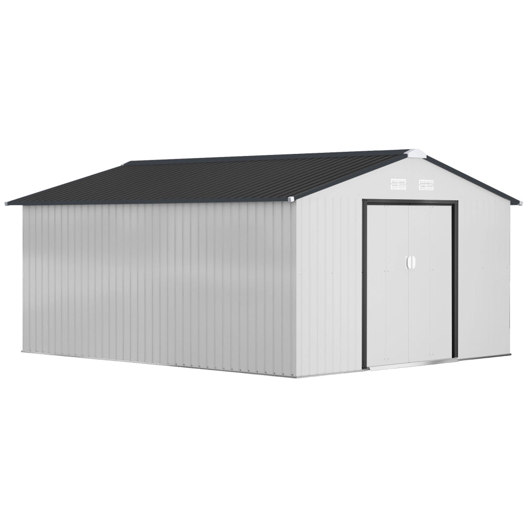 Casetta da Giardino 3.4x3.8x2 m in Acciaio con Doppia Porta Scorrevole e Tetto Inclinato, Argento