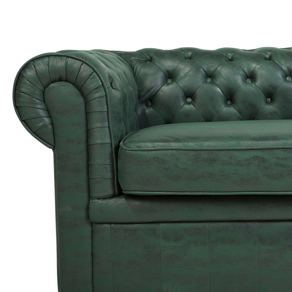 Divano Chesterfield Rivestimento in ecopelle verde Gambe in legno scuro 3 posti contemporaneo