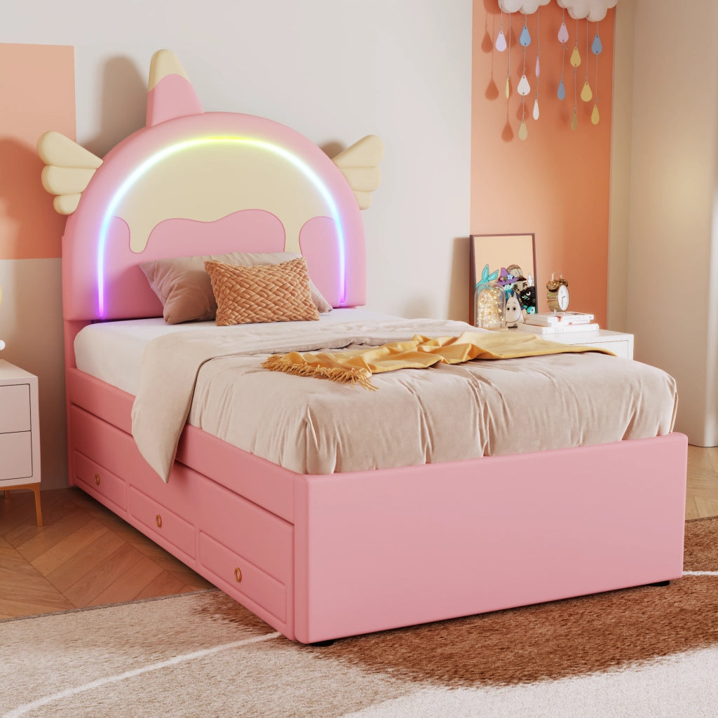 Letto Estraibile 90×200 cm; Singolo con Testiera a Unicorno e Letto Estraibile; senza Materasso; Rosa