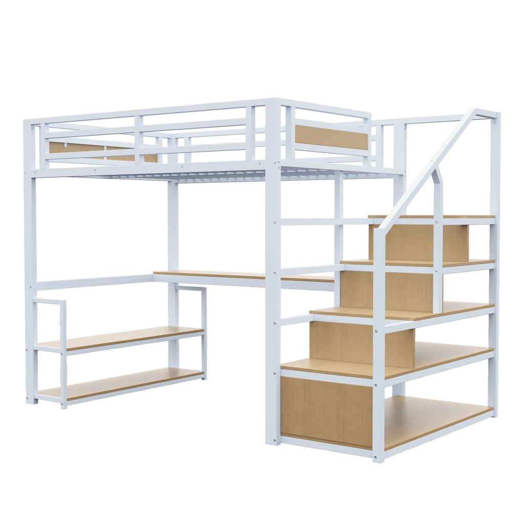 Letto a castello in metallo bianco con funzione contenitore e scrivania 140x200 cm