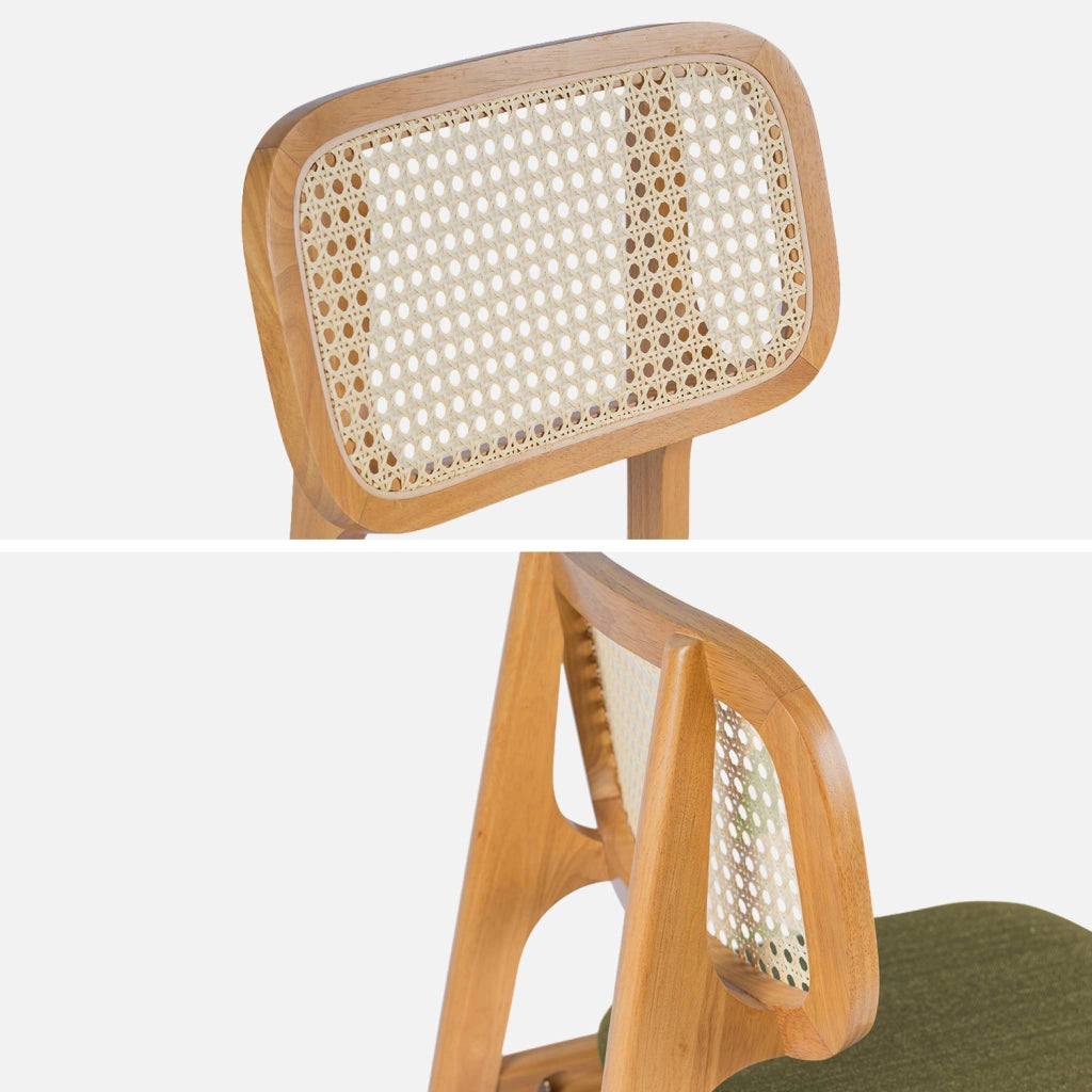 Set 2 sgabelli da bar in legno di hevea con impagliatura e tessuto,