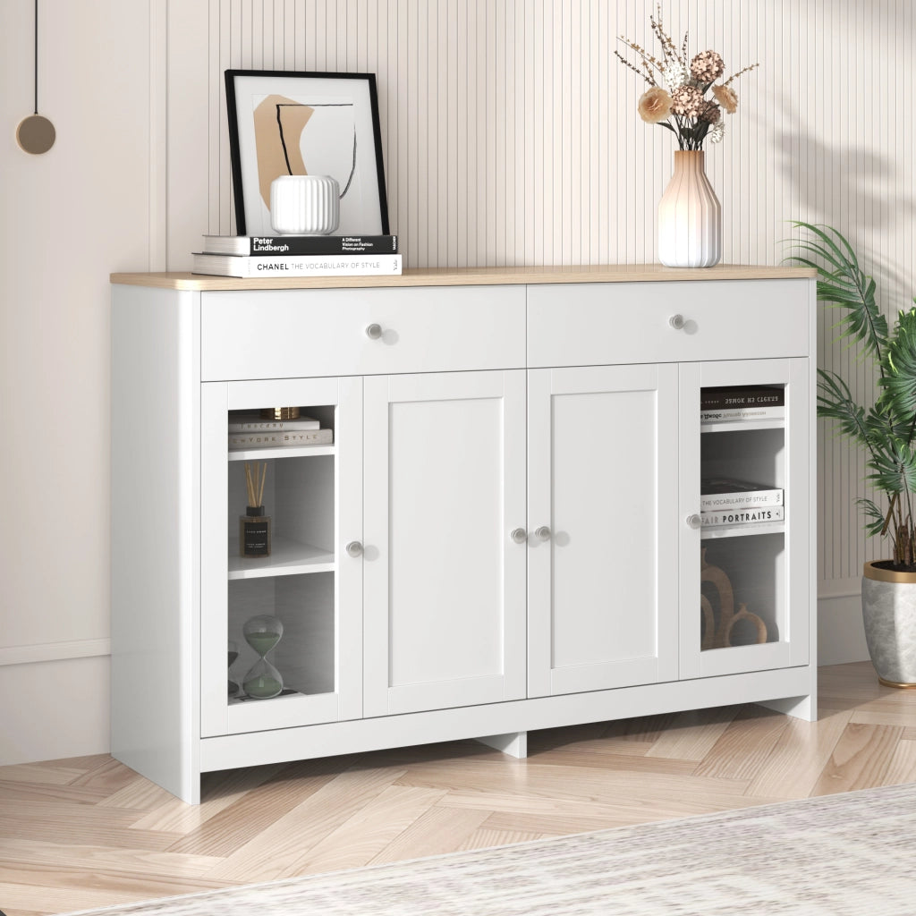 Credenza e Madia con 4 Ante di cui 1 in Vetro; 2 Cassetti e Ripiani Regolabili; Stile Country; in MDF; 120??37??80 cm; Bianco