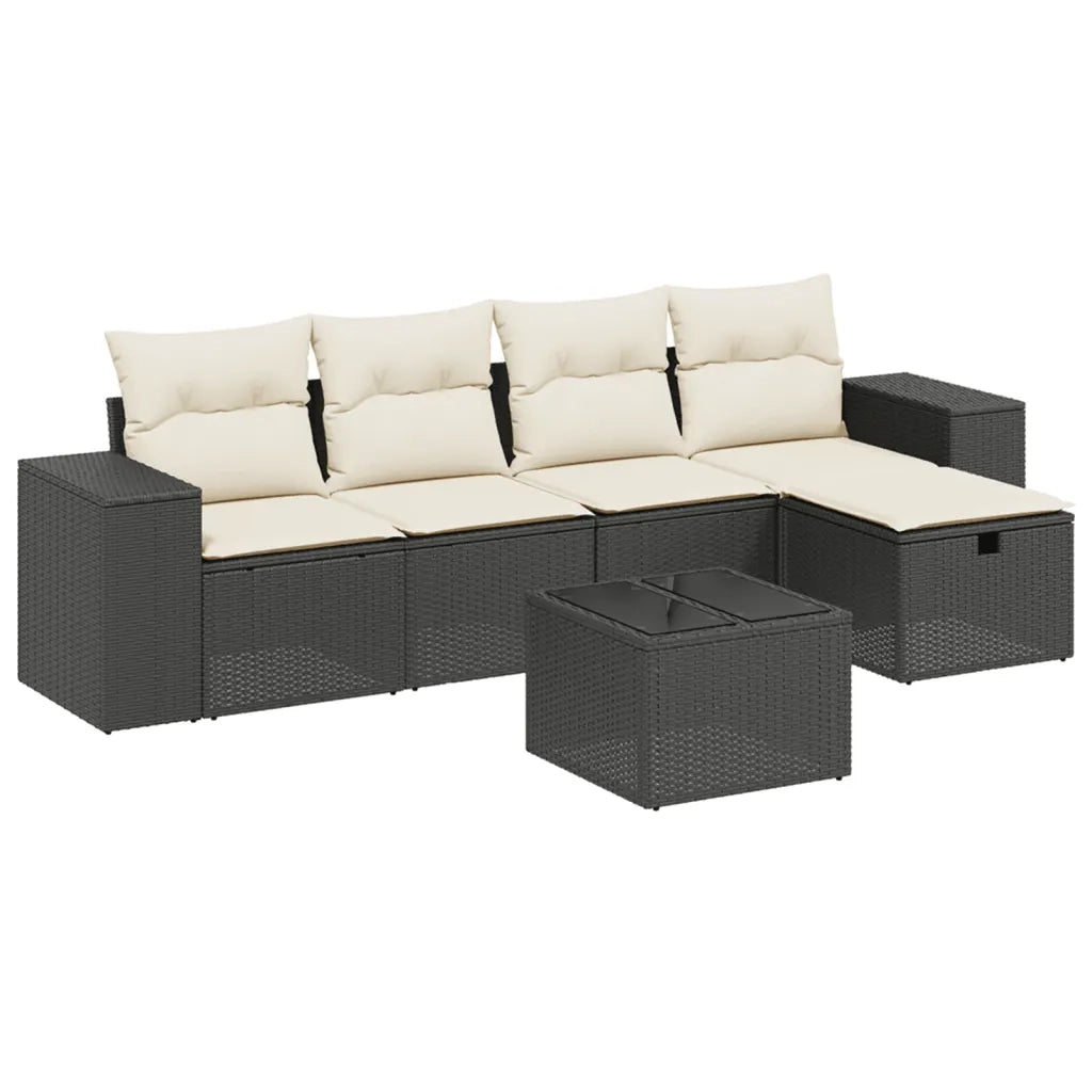 Set Divano da Giardino 6 pz con Cuscini Nero in Polyrattan