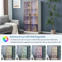 Vetrinetta Moderna in Vetro con Illuminazione LED a 16 Colori, Doppie Porte e Ripiani Regolabili, 80x40x160 cm - Mobiletto Porta TV, Bianco
