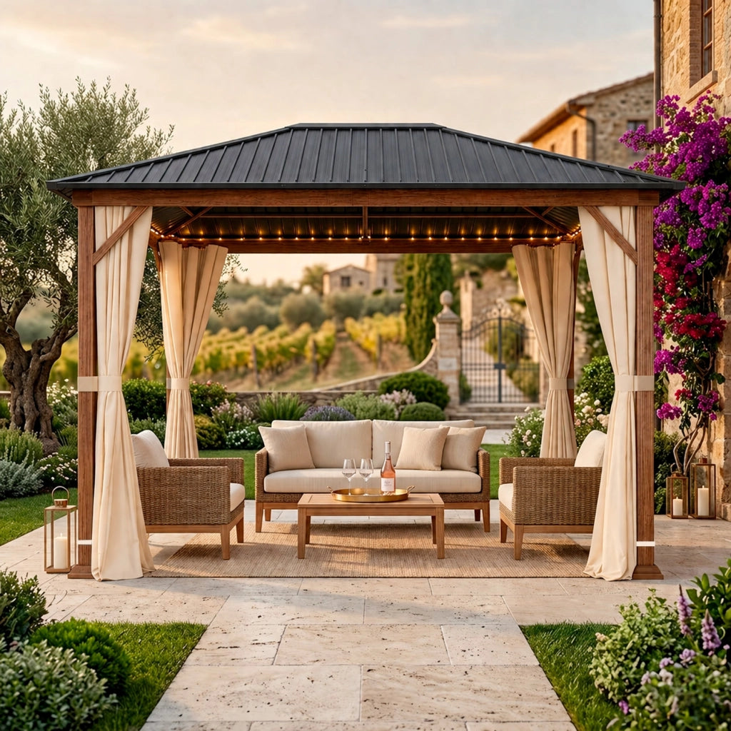 Gazebo 3X4 Metri Per Giardino Con Tetto In Acciaio Zincato Struttura Effetto Legno Tende Laterali Impermeabile Per Outdoor Patio Terrazza 300 X 400 X 295 Cm Effetto Legno E Beige