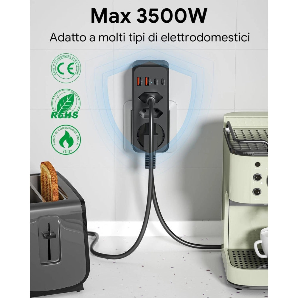 Trade Shop - Multipresa Da Parete Multipla 7in1 Con 4 Usb 1 Schuko 2 Spine Eu 3500w Salvaspazio Q-cz3500 -