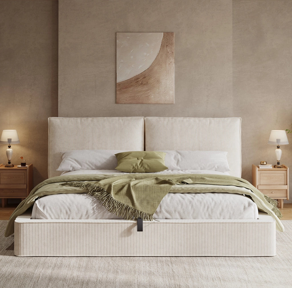 Letto matrimoniale imbottito 180x200 cm con contenitore idraulico; testiera 105 cm; beige in corduroy