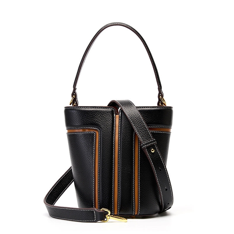 Borsa a secchiello da donna in vera pelle, borsa a tracolla nera