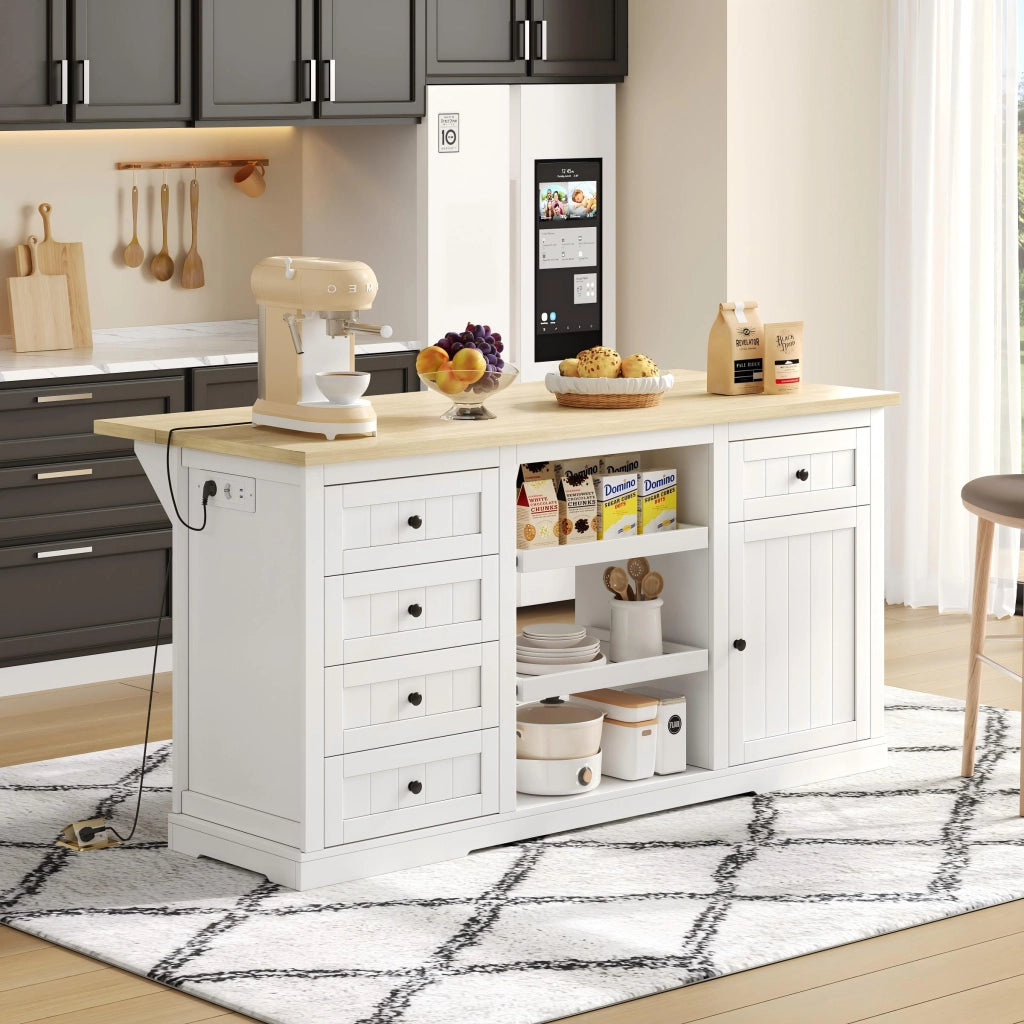Credenza autoportante con 5 cassetti 2 ripiani estraibili prese e USB MDF bianco e naturale 150 × 65 × 75,5 cm
