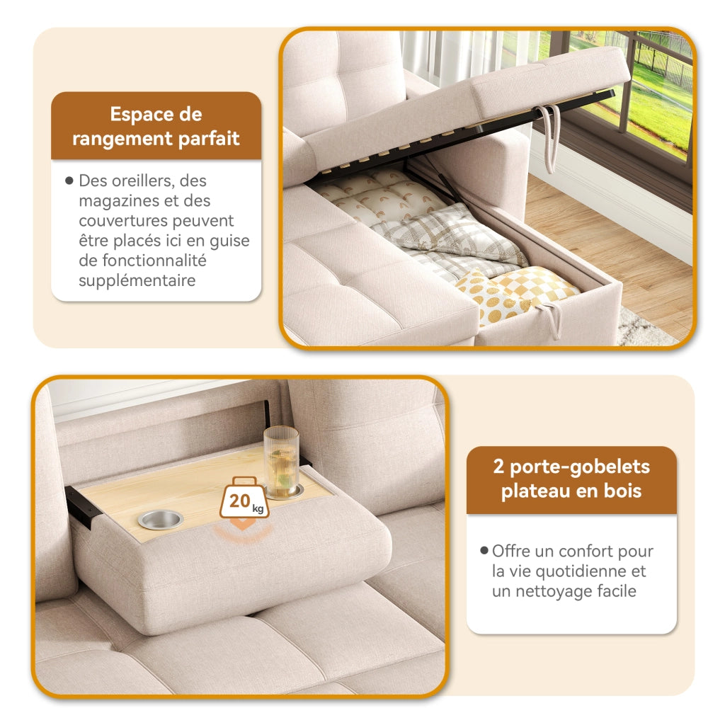 Divano letto angolare modulare 3-4 posti con vano contenitore; tasca e portabicchieri in lino beige 211 Ã— 136 Ã— 87 cm