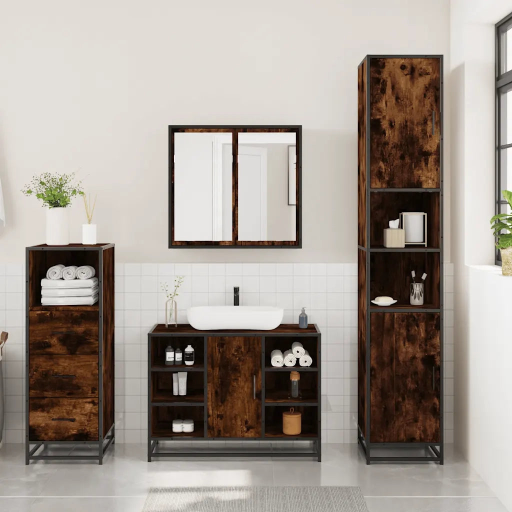 Set Mobili da Bagno 3 pz Rovere Fumo in Legno Multistrato