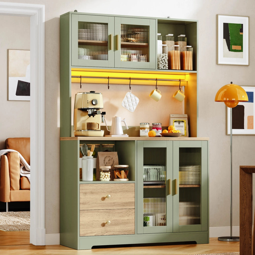 Credenza alta con vetrina, LED e prese USB, 4 ante in vetro temperato, per cucina, verde, 40 × 110 × 178 cm