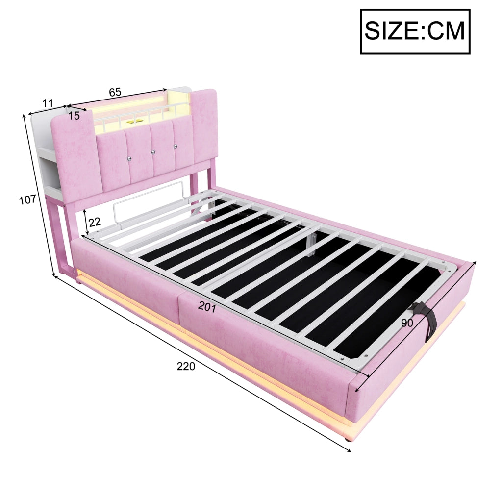 Letto imbottito per bambini 90x200 cm con LED, USB e contenitore rosa