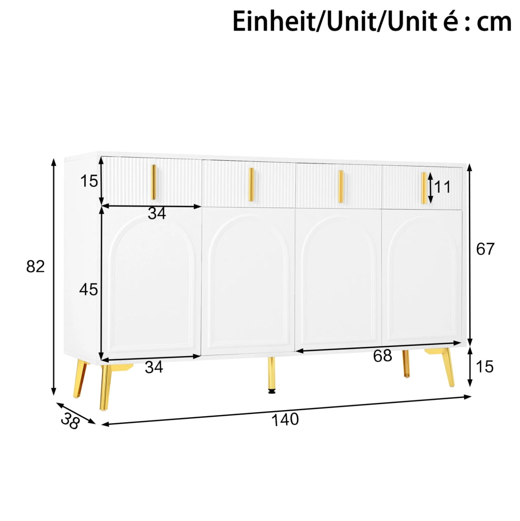 Credenza 140x38x82 cm; 4 cassetti e 4 ante; ripiani regolabili; MDF bianco con dettagli oro