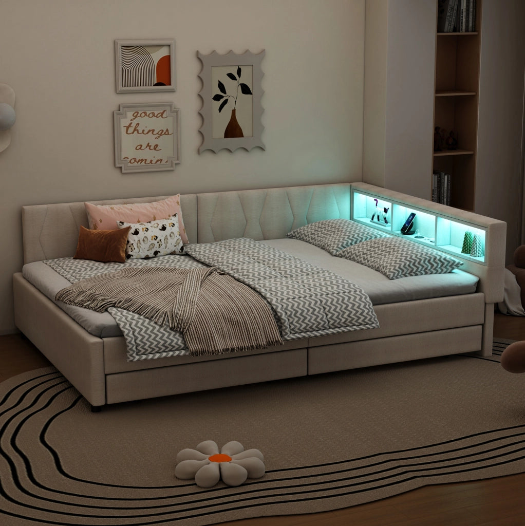 Letto da giorno 140x200 cm beige con LED, USB-C, cassetti e vani
