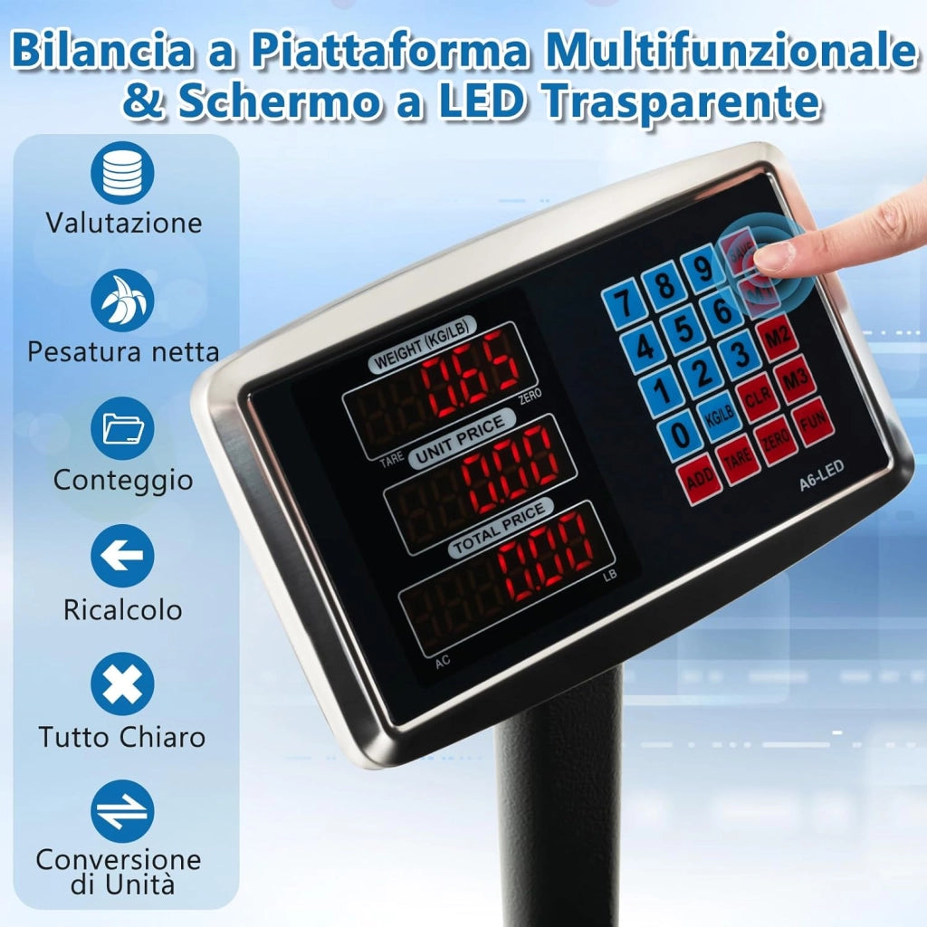 Bilancia Digitale a Piattaforma 300 kg, Bilancia a Pavimento con Calcolatrice Integrata, Conversione Unità LB/KG, per Negozio Azienda Fabbrica