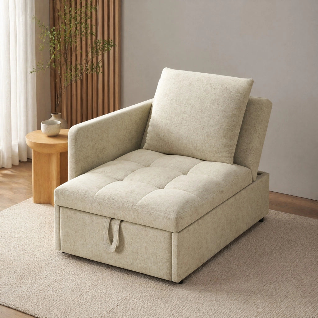 Divano Letto 3 in 1 in Tessuto di Lino, Schienale Reclinabile a 5 Posizioni, Beige, Struttura Salvaspazio
