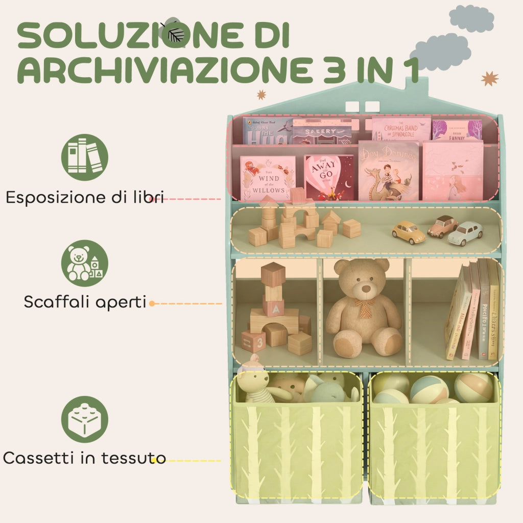 Libreria per Bambini a 3 Livelli con Cassetti e Scaffali, in Legno e Tessuto, 62.5x30x91.5 cm, Verde