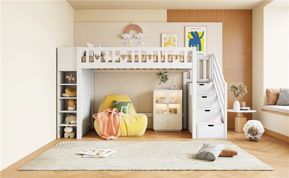 LETTO a soppalco 90x200 cm Bianco in pino e MDF con scala contenitore