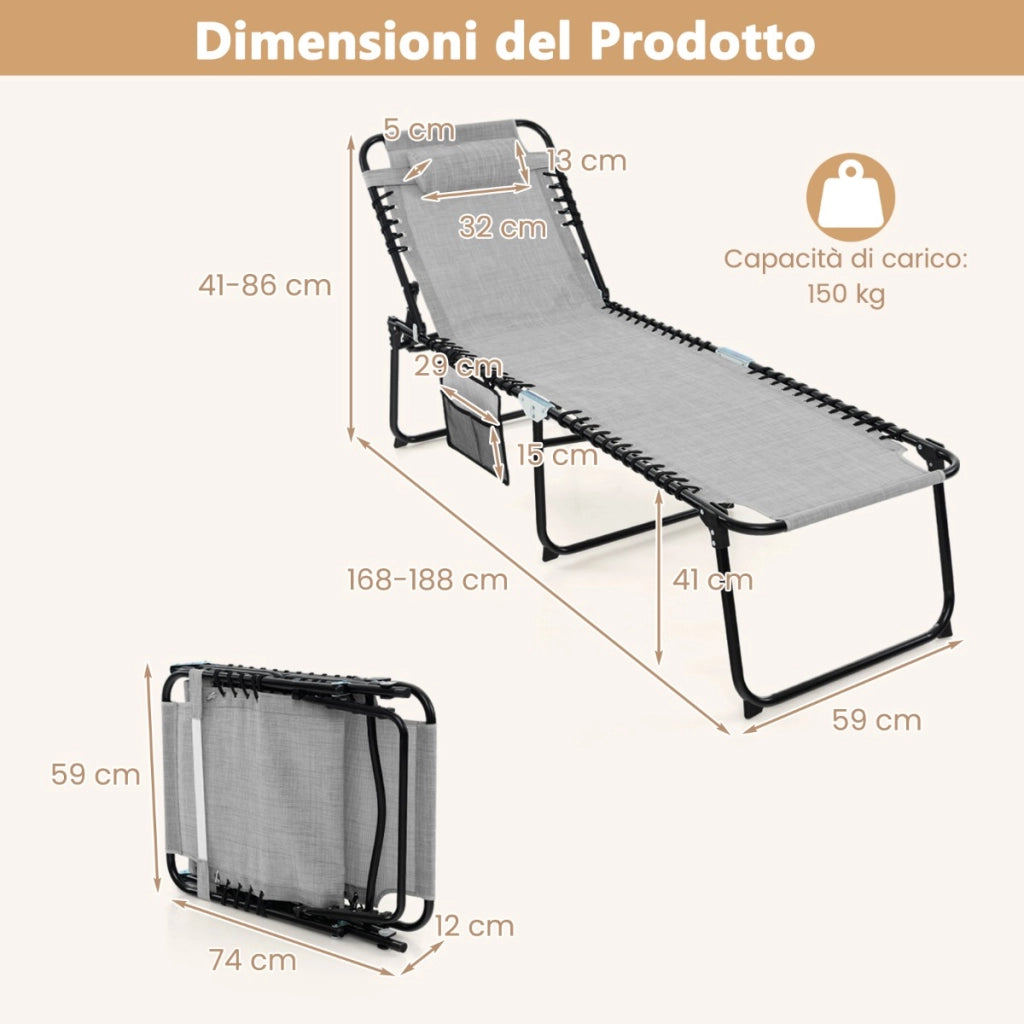 Lettino da giardino pieghevole con schienale a 4 livelli tasca laterale e poggiatesta staccabile, Sdraio portatile Grigio-Poltrone e sdraio