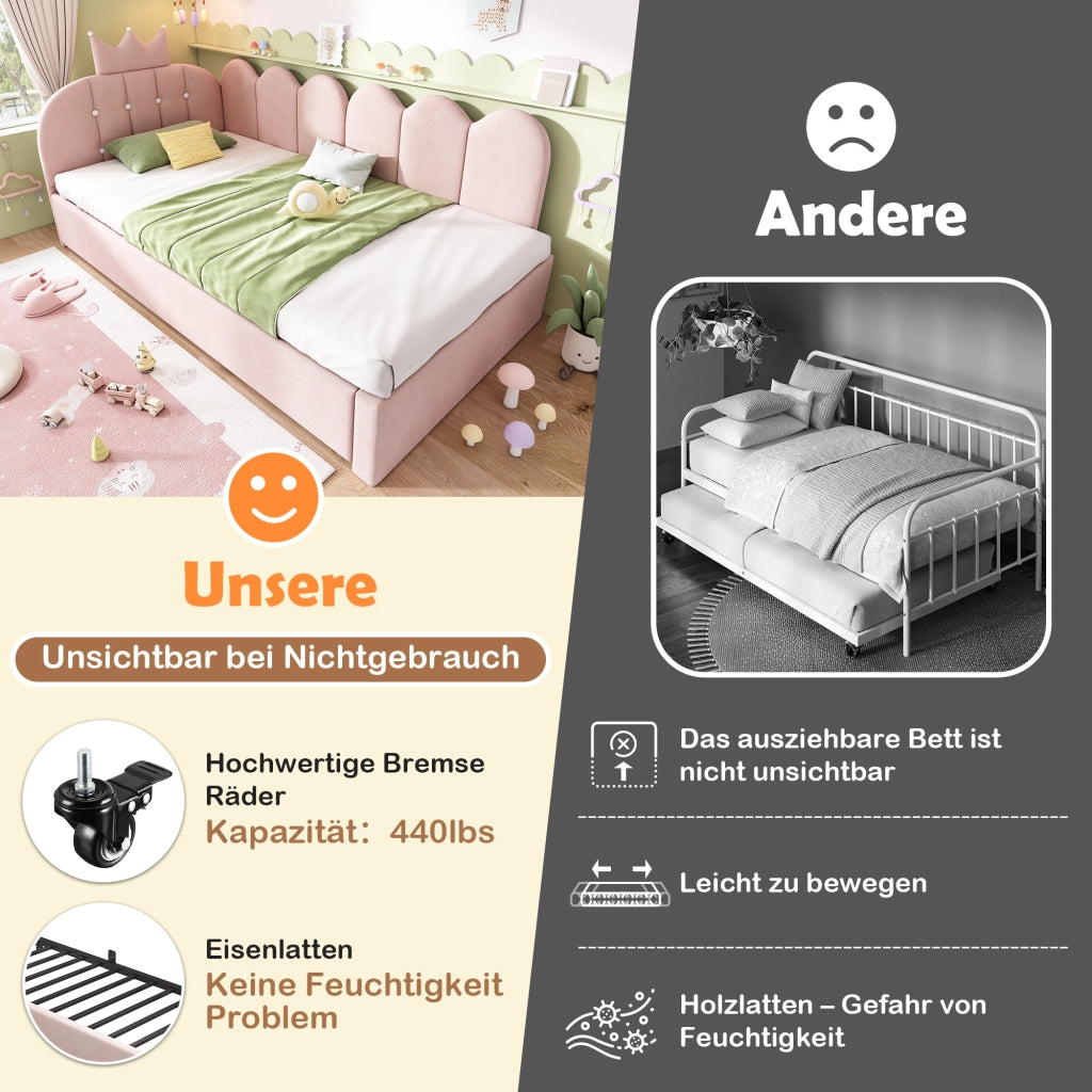 Letto divano estraibile 90 × 200 cm con letto 90 × 190 cm, velluto, senza materasso, rosa