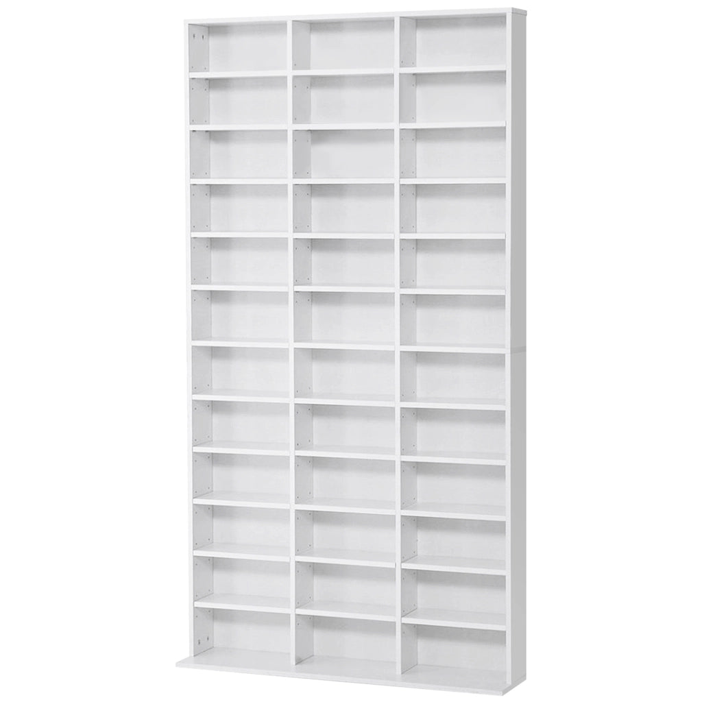 Libreria Porta CD in Legno con 3 Colonne da 12 Ripiani ad Altezza Regolabile. 102x23.5x195 cm. Bianco