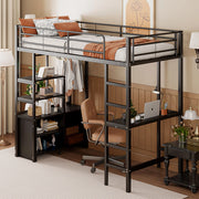 OKWISH Letto a Soppalco 90×200 cm, Letto Singolo con Scrivania, Presa, USB, Mensole e Armadietto Aperto, senza Materasso, Metallo, Nero