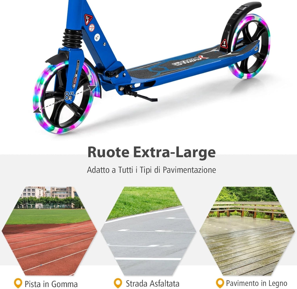 Scooter Monopattino a Spinta per Bambini Pieghevole e Regolabile in Altezza (91-106 cm), con Ruote Luminose e Cavalletto, Carico Massimo 100kg