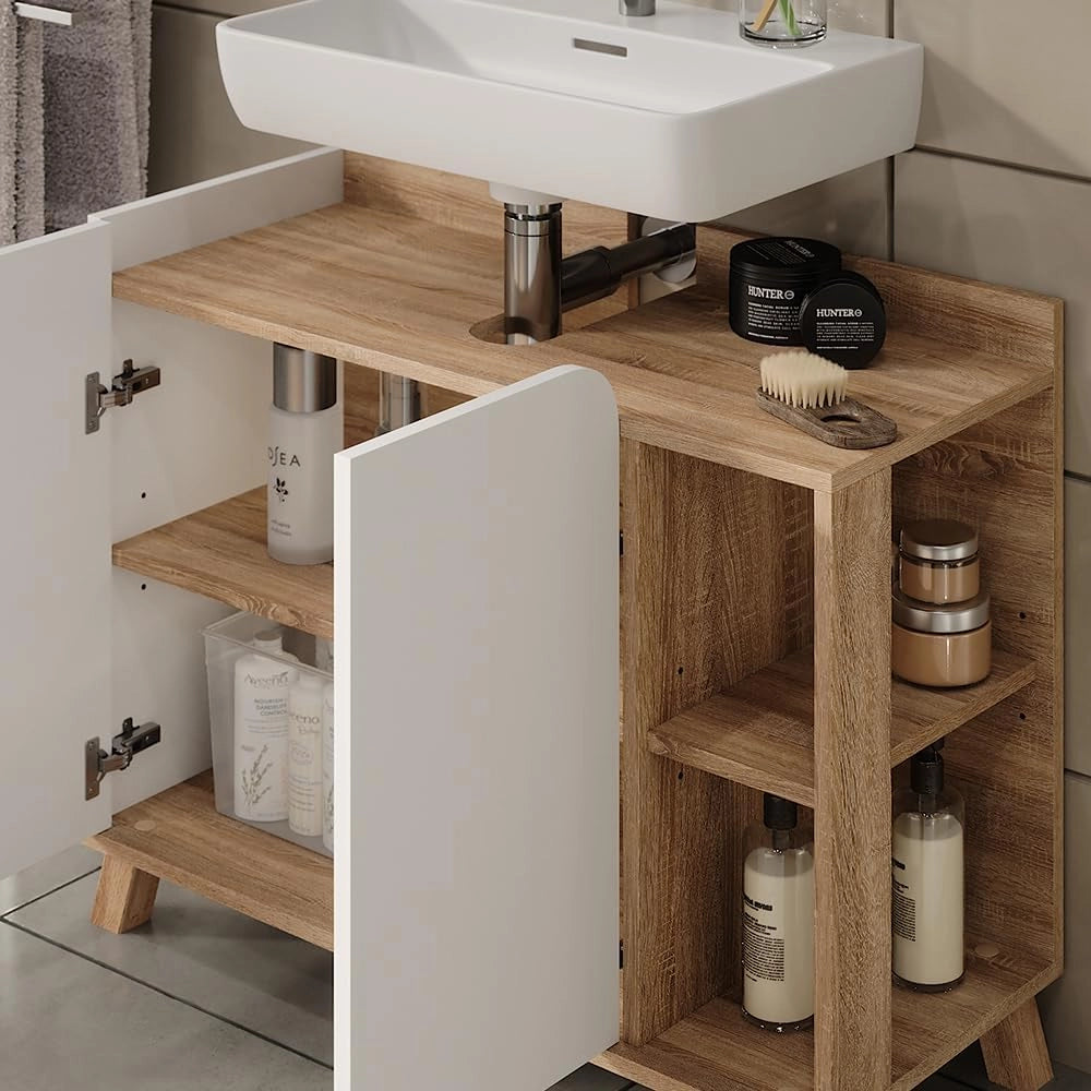 Mobiletto per lavabo Karen, Sonoma/Bianco, 80 x 65 cm con 2 porte, per una conservazione salvaspazio sotto il lavandino