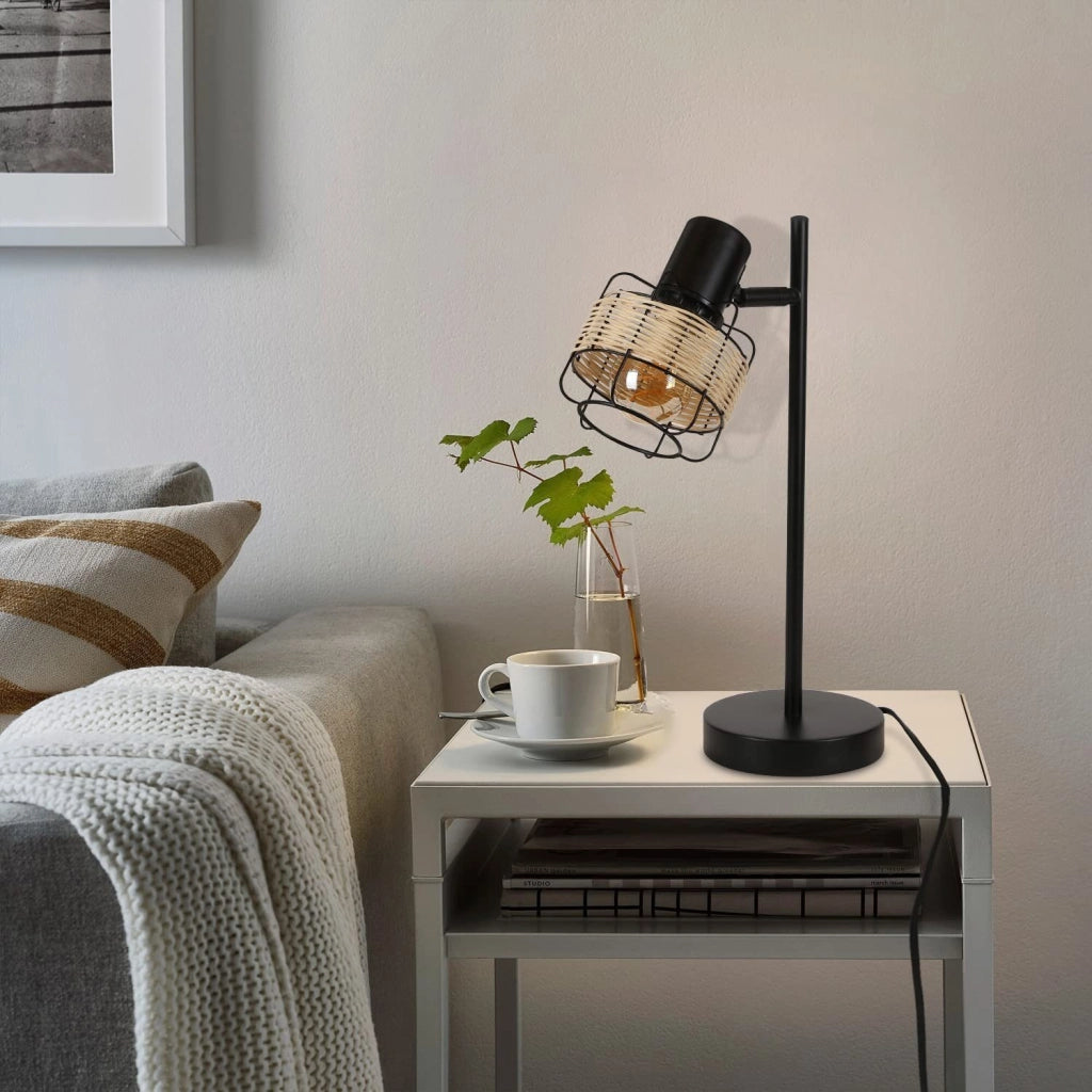 ZMH Lampada da tavolo rattan bambù boho rustico girevole E27 interruttore retrò per soggiorno camera