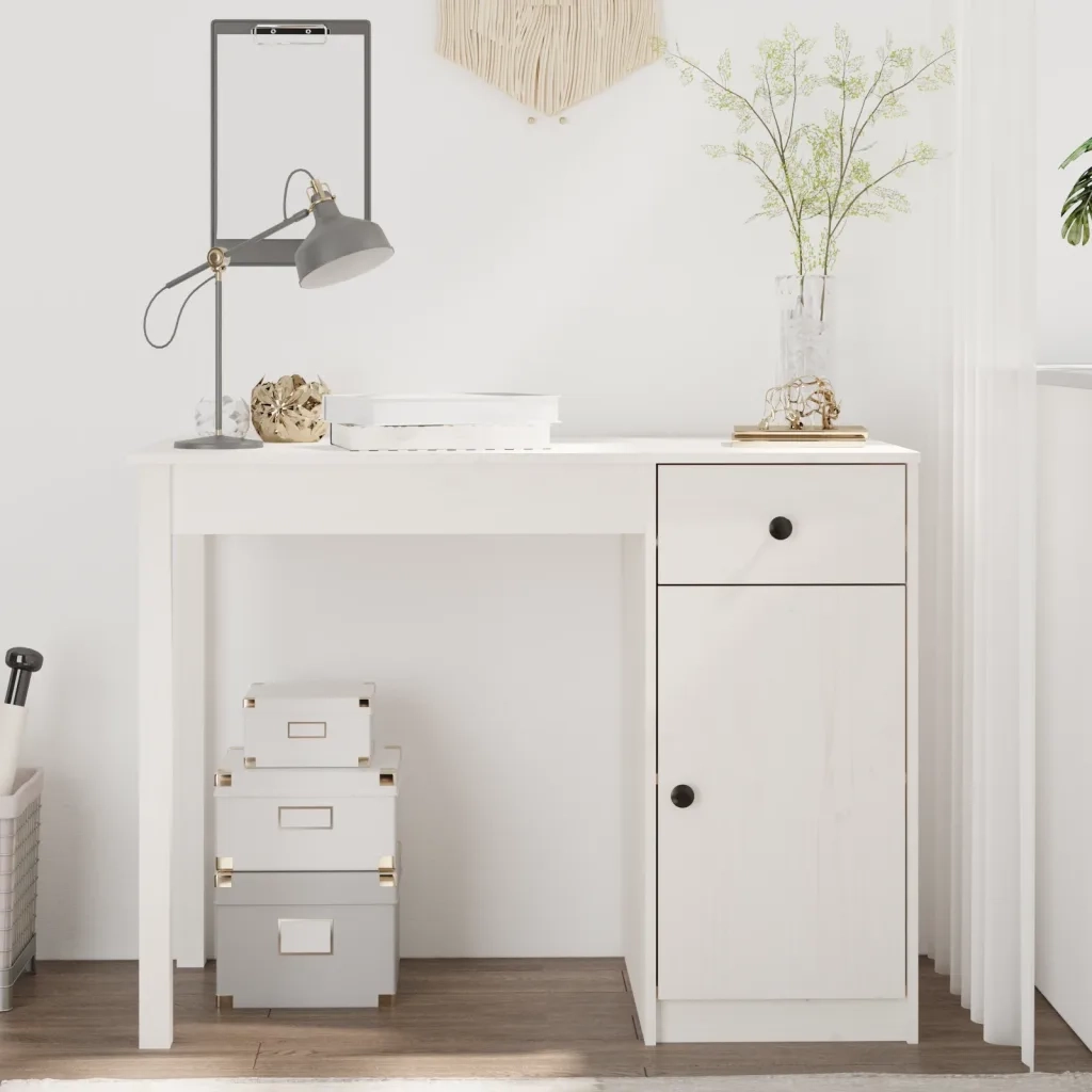 Scrivania | Tavolo da Ufficio Bianca 100x50x75 cm in Legno Massello di Pino
