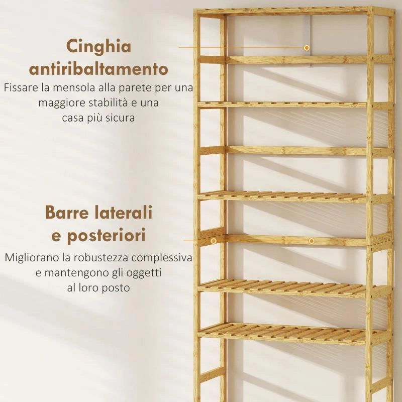 SCAFFALE IN LEGNO DI BAMBÙ A 6 LIVELLI CON RIPIANI REGOLABILI, 60X26X161 CM, LEGNO NATURALE