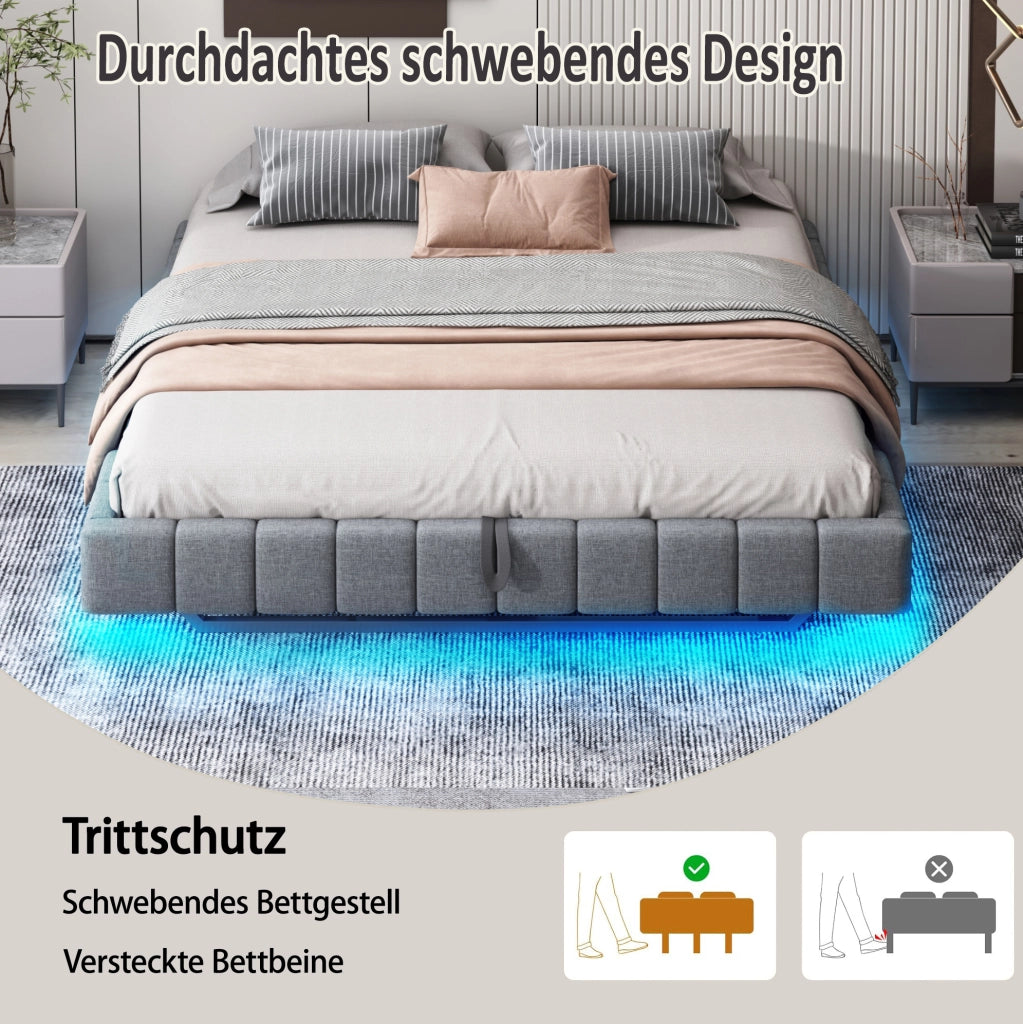 LETTO imbottito 160x200 cm grigio con LED, contenitore e senza testiera