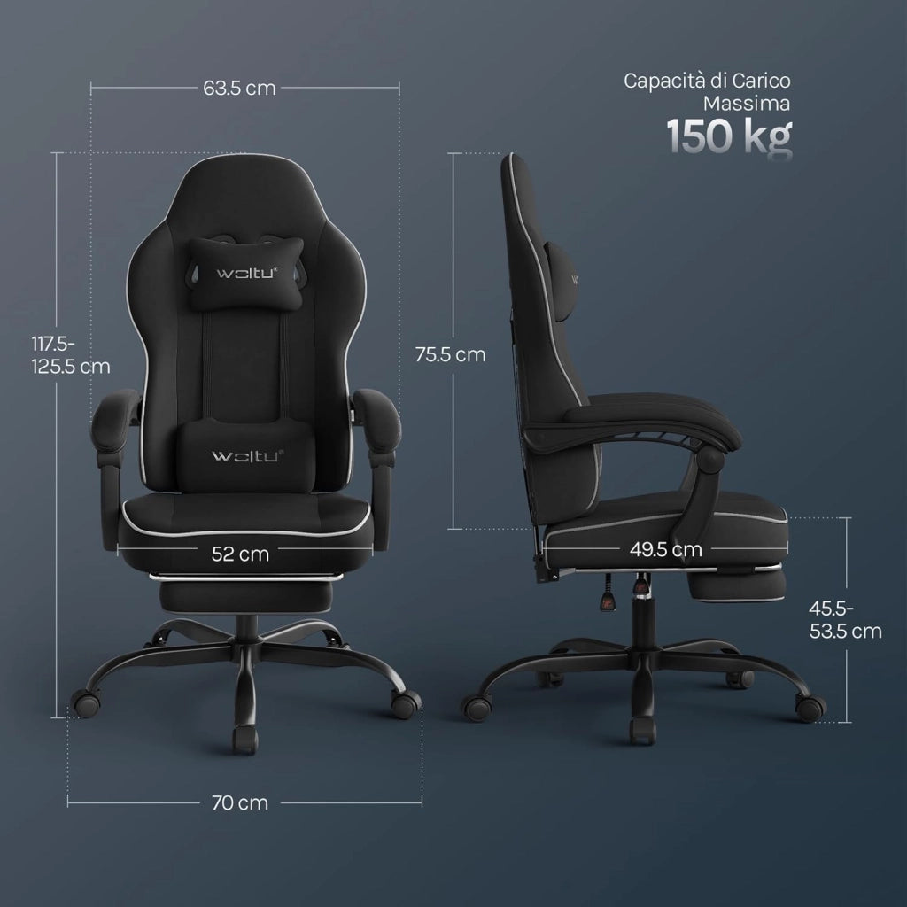 Sedia Gaming, Ampia Sedia da Ufficio Ergonomica Imbottita con Cuscino a Molla, Alta Capacità di Carico, Poltrona per Computer con Schienale Alto e Poggiapiedi, Tessuto Tecnologico, Nero, GS10sz
