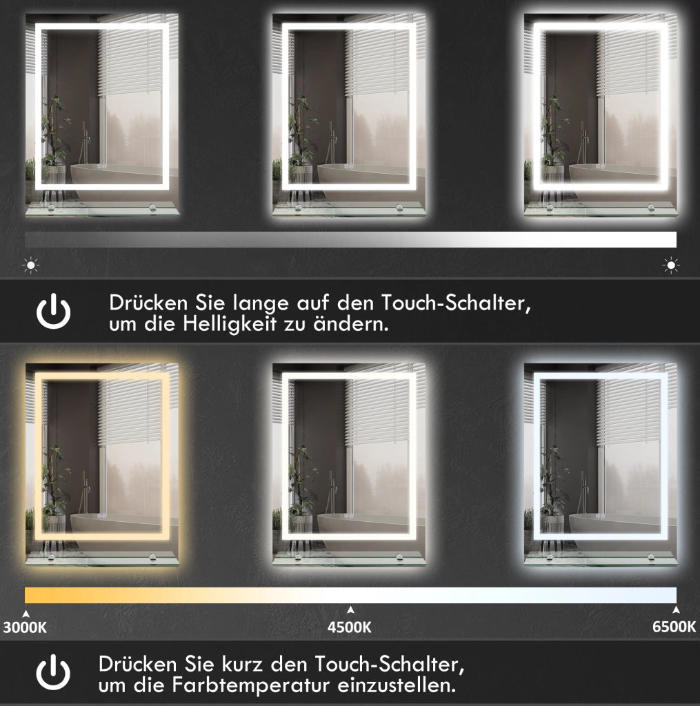Specchio bagno ULEVR LED 70x50 cm con mensola, antiappannamento, luce regolabile 3 tonalit¨¤ e touch