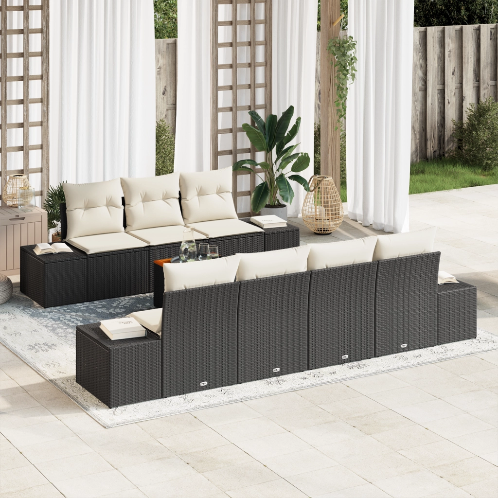 Set di divani da giardino con cuscini neri in polyrattan acacia