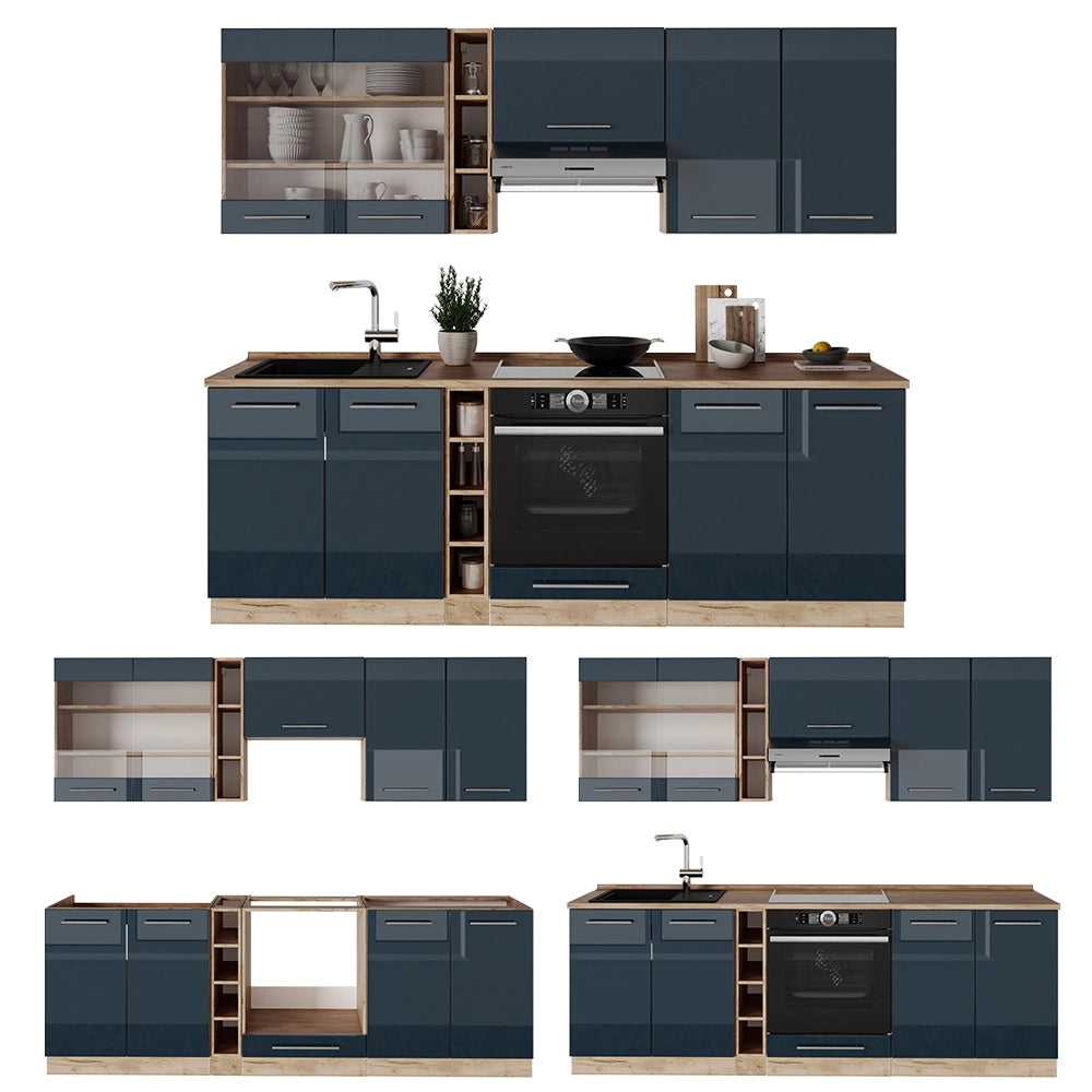 Cucina componibile Fame-Line Blu scuro lucido/Rovere dorato 235 cm, PL Rovere Vicco