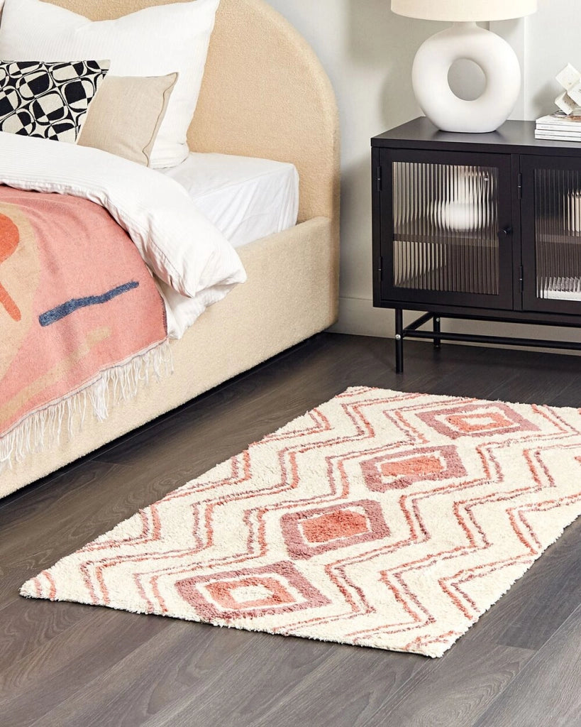 Tappeto cotone trapuntato beige e rosa stile boho 80 x 150 cm soggiorno camera da letto