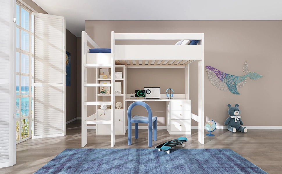 LETTO A CASTELLO 90x200 cm con scrivania USB/Type-C, armadi e scala, bianco