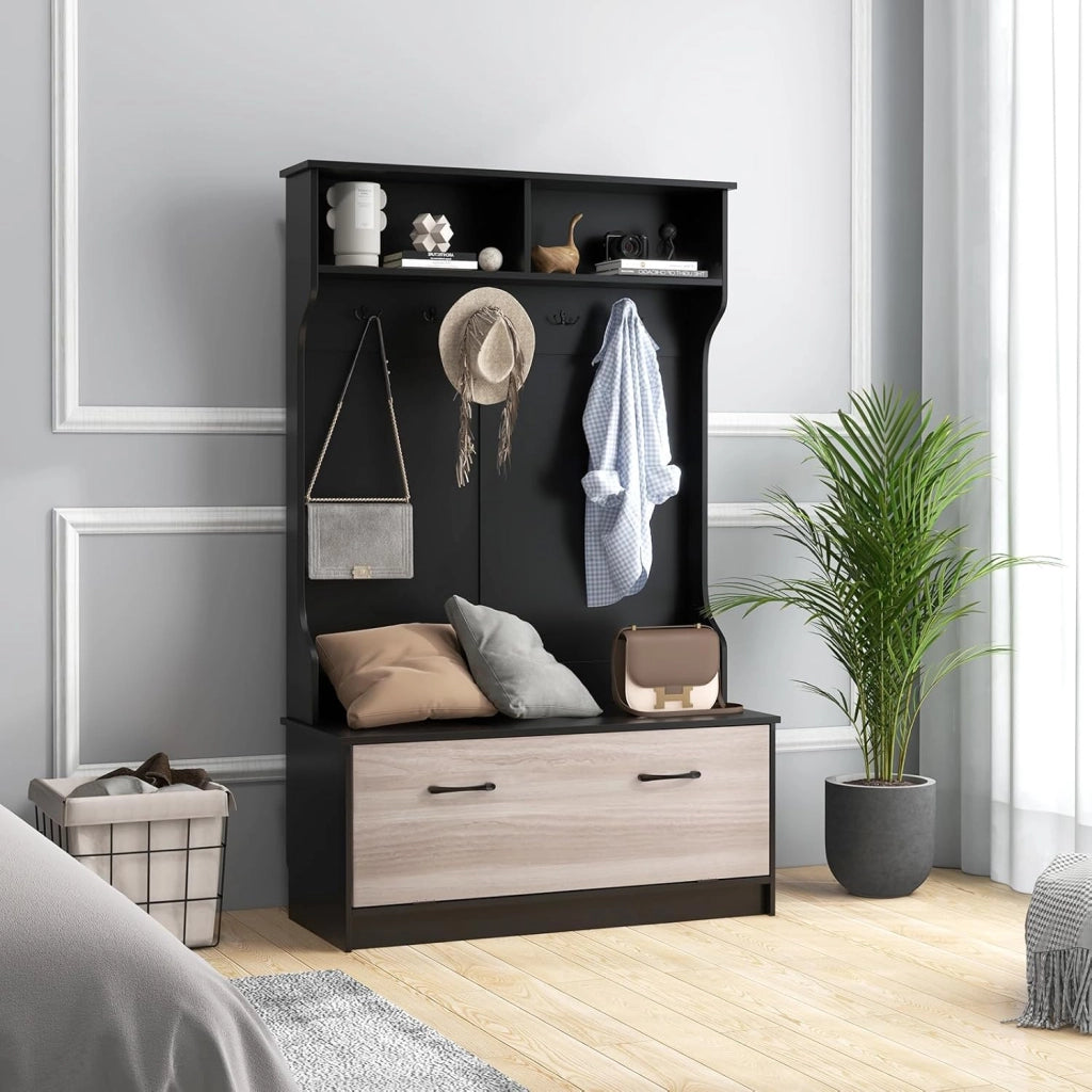 Appendiabiti con Panca da Scarpe, Armadio con Panca Portaoggetti e 5 Ganci e Scomparti, Mobile d'Ingresso Moderno per Corridoio, Camera da Letto, 100x40x160 cm (Nero)