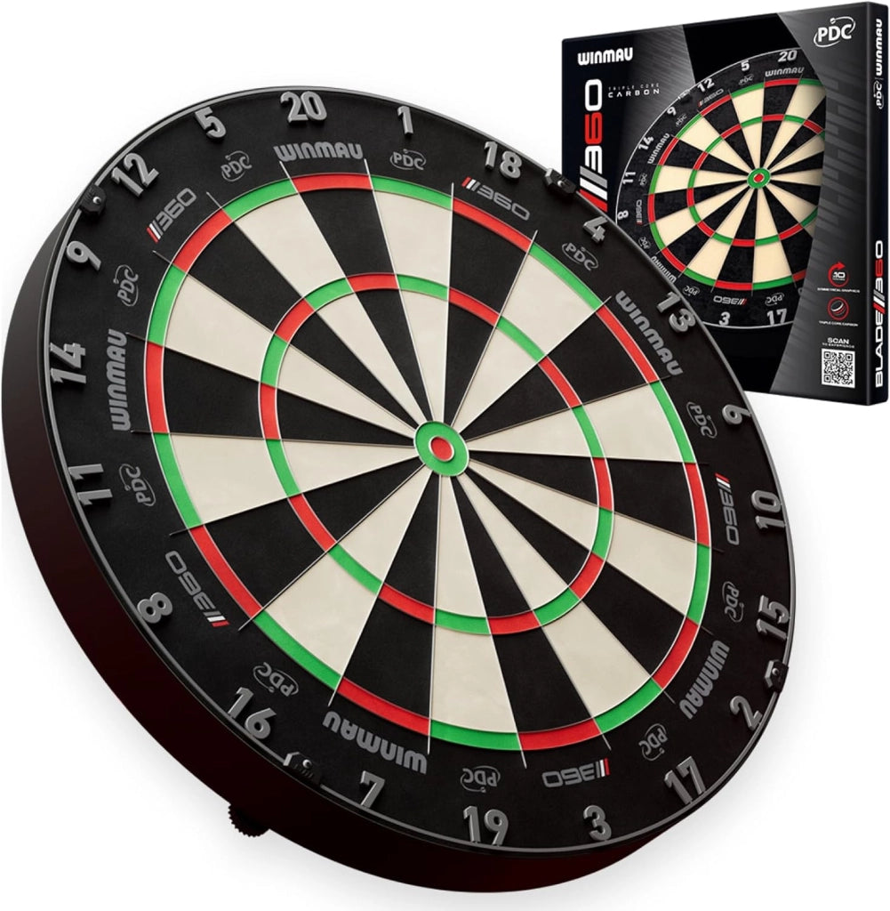Blade 360 Triple Core Carbon Dartboard Set – Include il Dartboard Blade 360 con 2 set di freccette da 19g con punta in acciaio (1 set nero e 1 set rosso), scheda di finish e altro