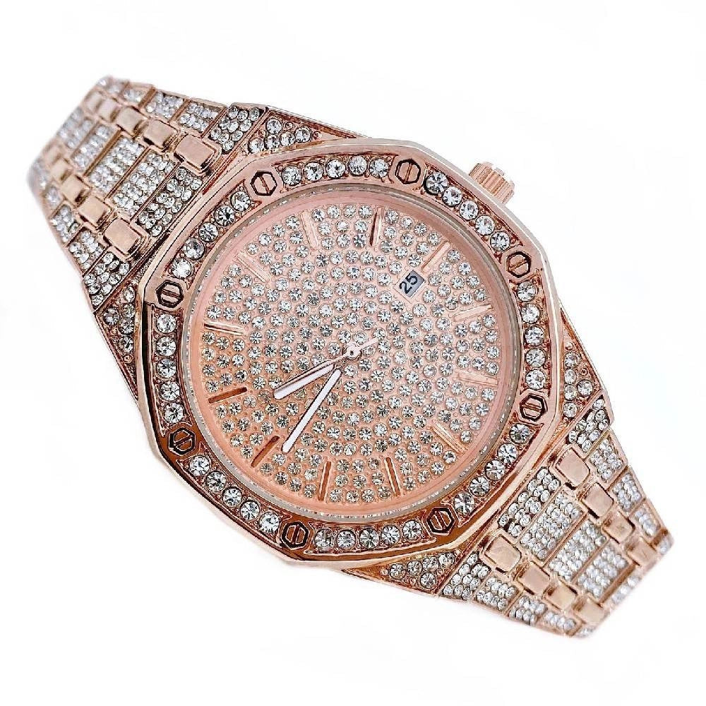 Trade Shop - Orologio Da Polso Acciaio Strass Brillantini Analogico Calendario Elegante Rosa -